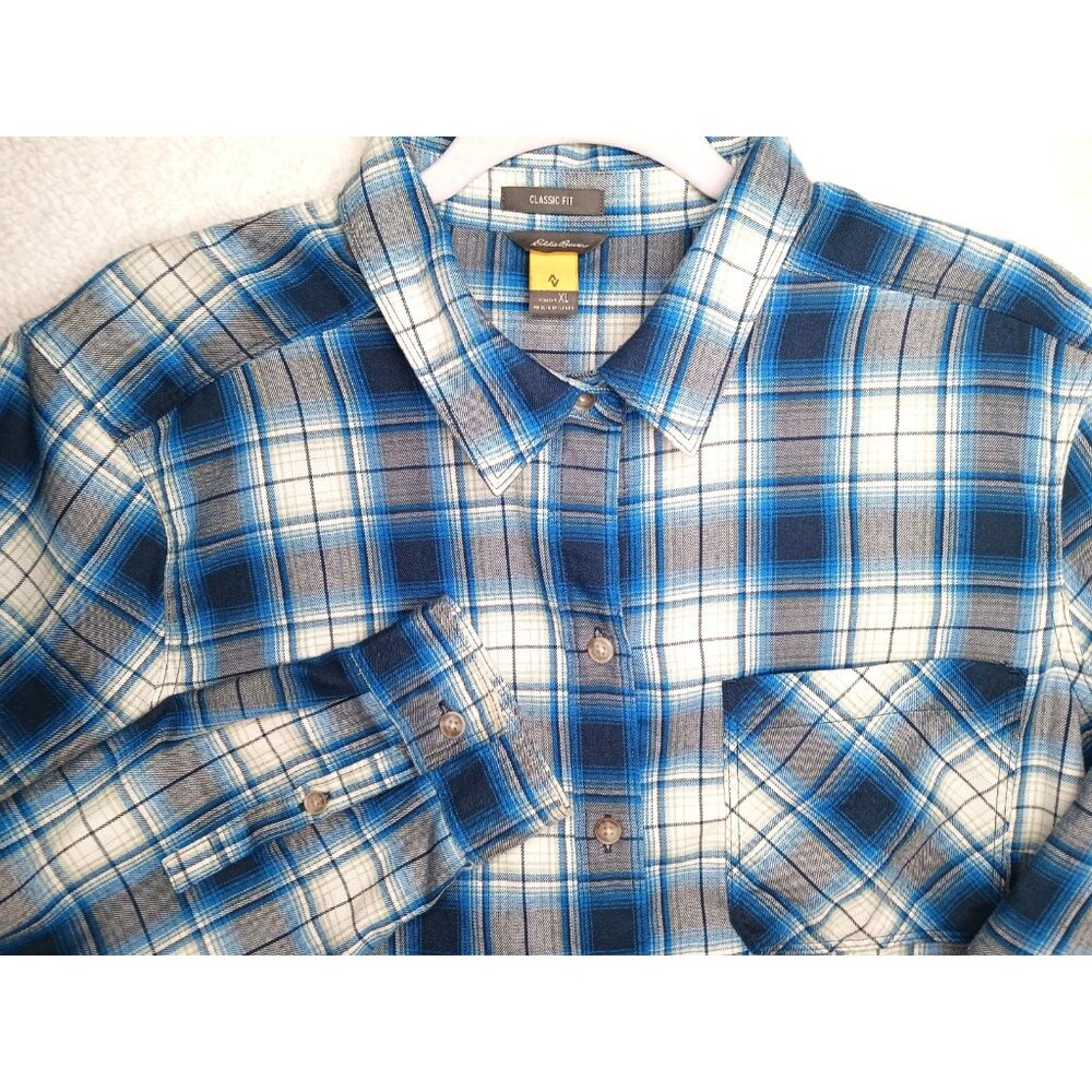 Eddie Bauer Travex Expedition 2.0 Flannel Shirt Womens XL Classic Fit Blue White